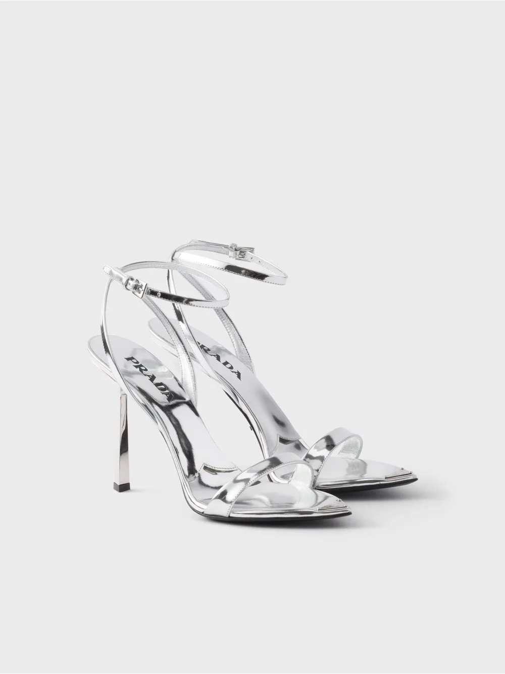 Prada Silver Mirror Leather Ankle-Strap Stiletto Sandals